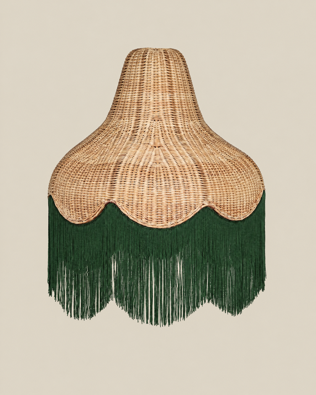 LA LUZ Classic Cone Bamboo Lampshade with forest green fringe on a bone background, portrait 4:5