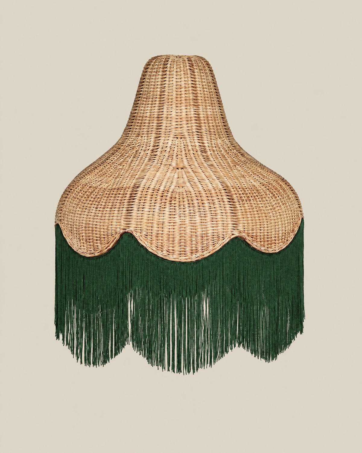 LA LUZ Classic Cone Bamboo Lampshade with forest green fringe on a bone background, portrait 4:5