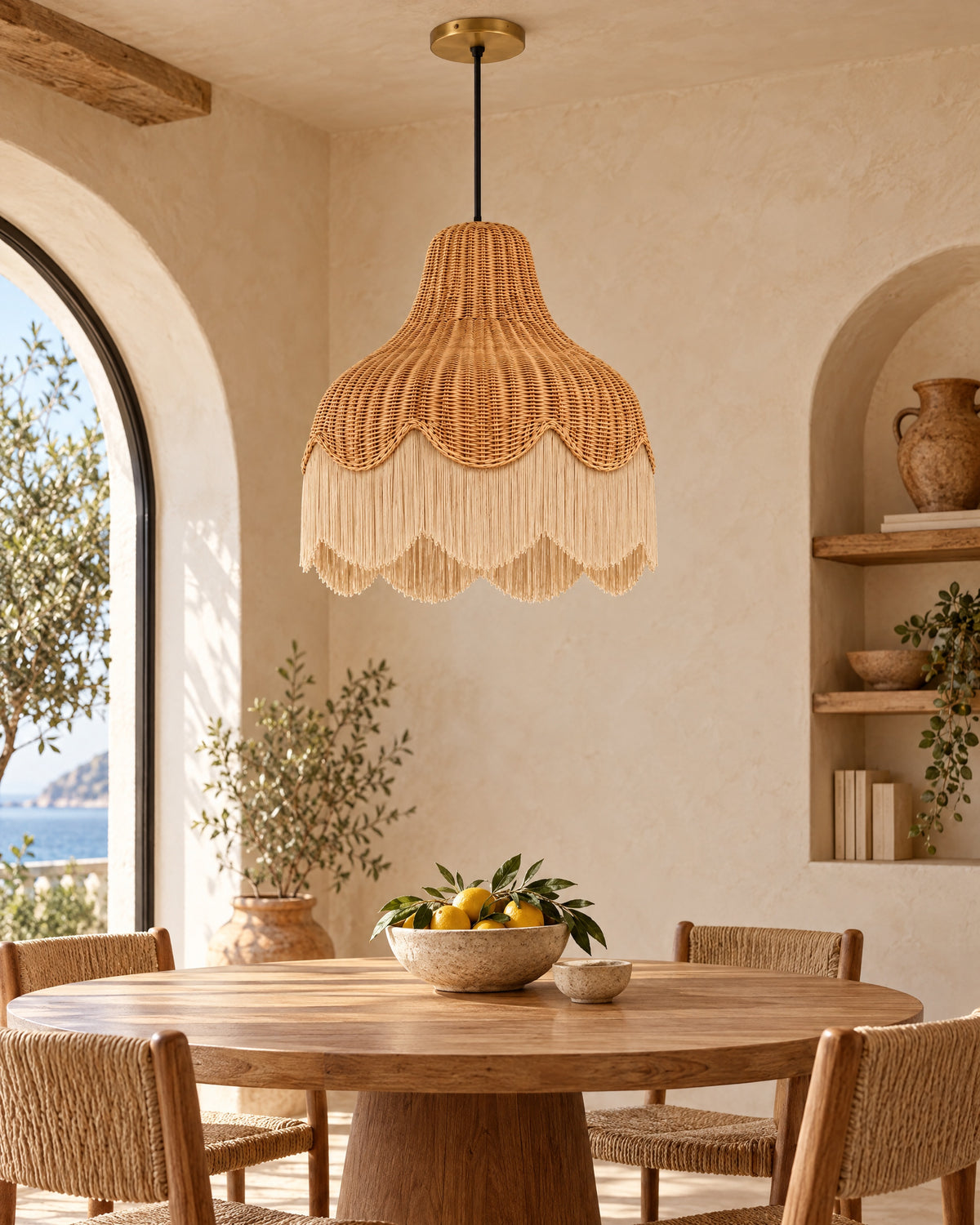 LA LUZ Scalloped Rattan Fringe Pendant — Beige Lifestyle