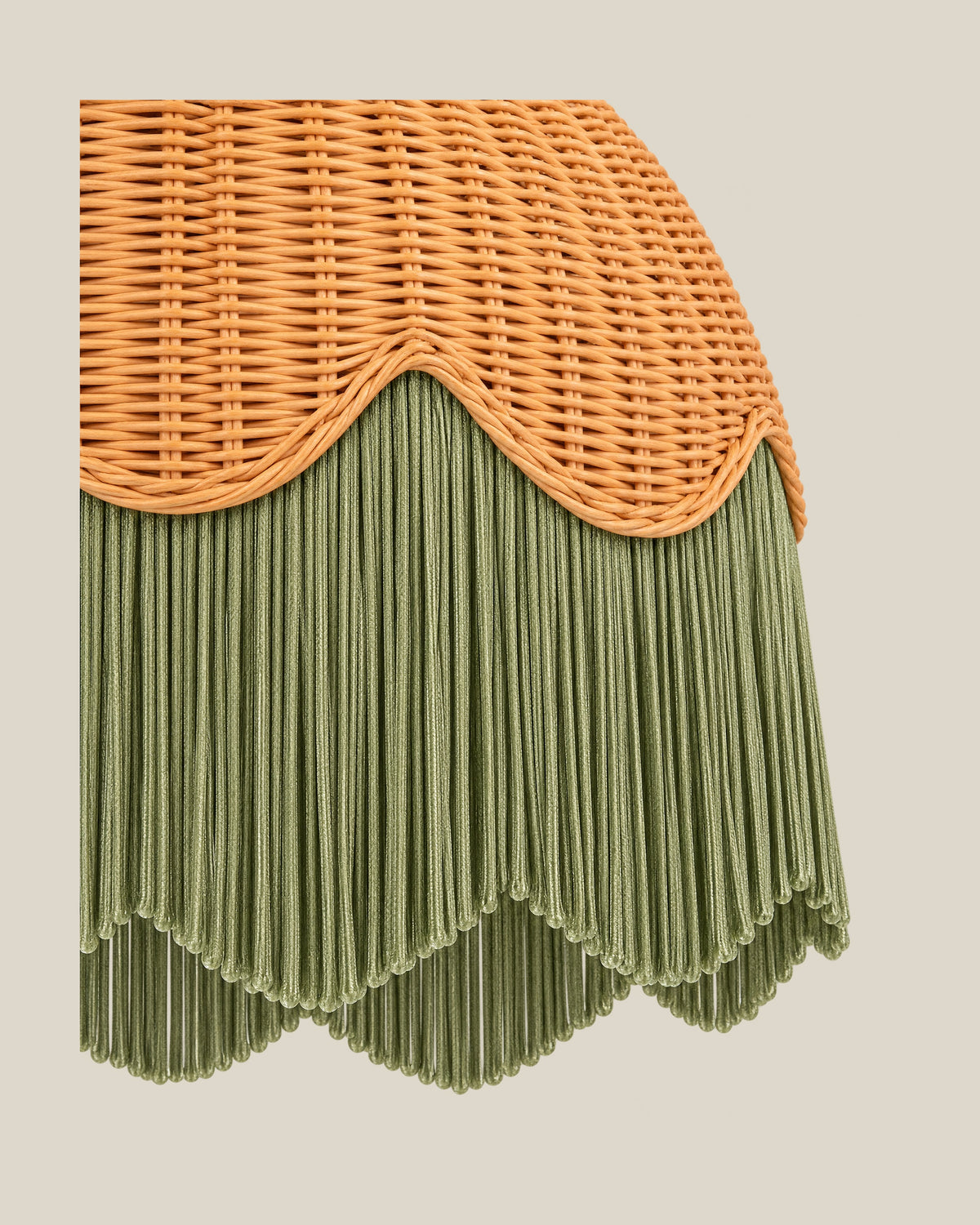 LA LUZ Scalloped Rattan Fringe Pendant — Sage Green Fringe Detail