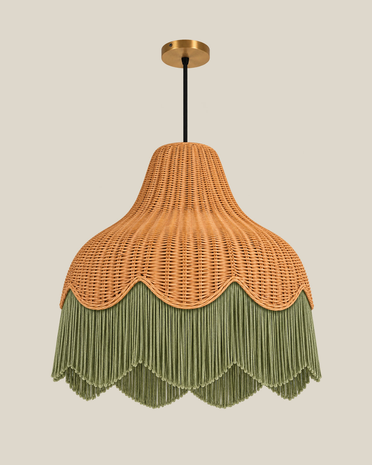 LA LUZ Scalloped Rattan Fringe Pendant — Sage Green Front