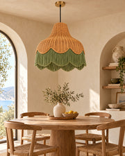 LA LUZ Scalloped Rattan Fringe Pendant — Sage Green Lifestyle