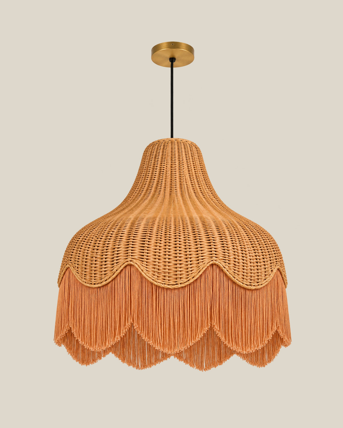 LA LUZ Scalloped Rattan Fringe Pendant — Soft Apricot Front
