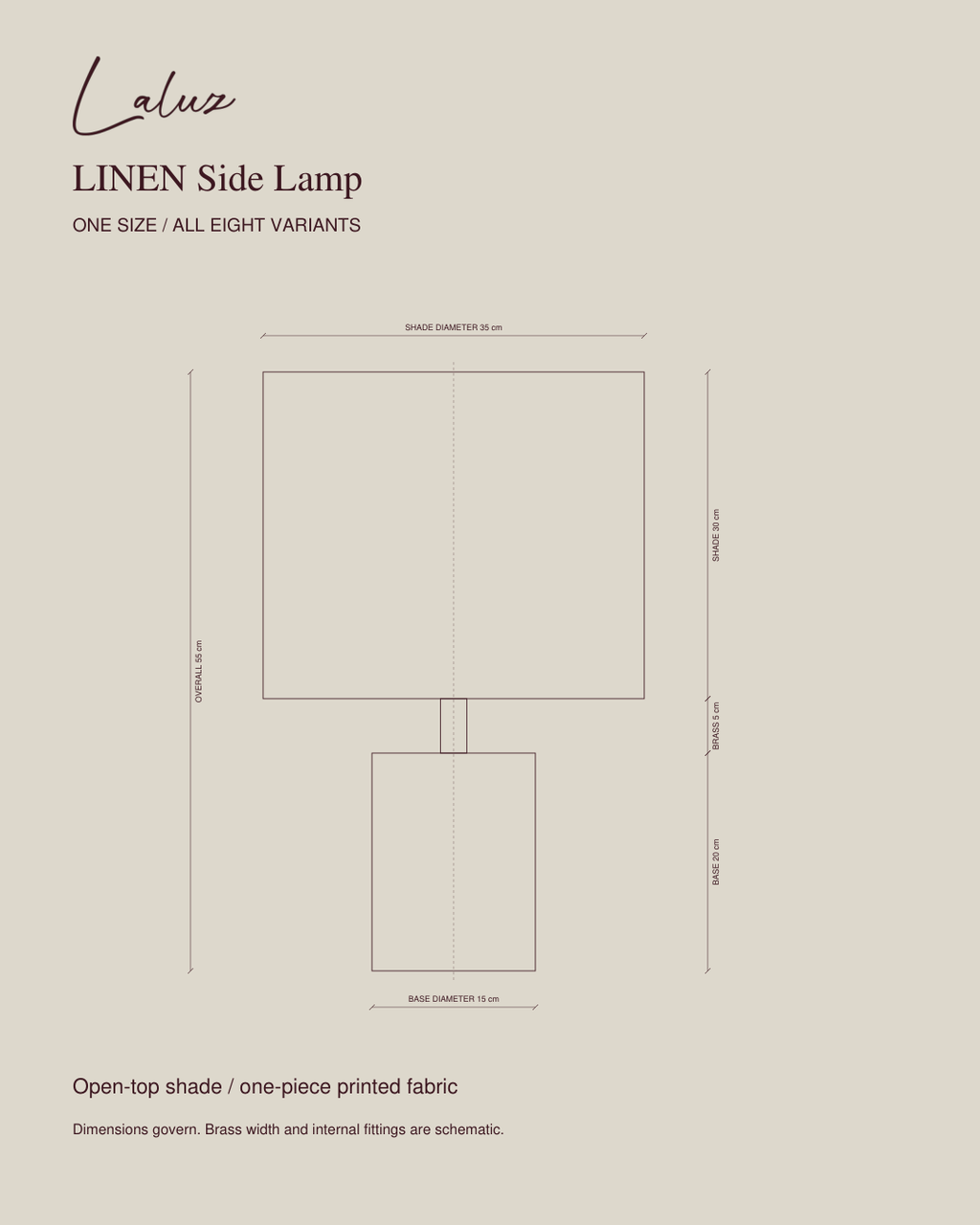 LINEN Side Lamp dimensions — 35 cm shade diameter, 30 cm shade height, 15 × 20 cm base, 5 cm brass gap, 55 cm overall height