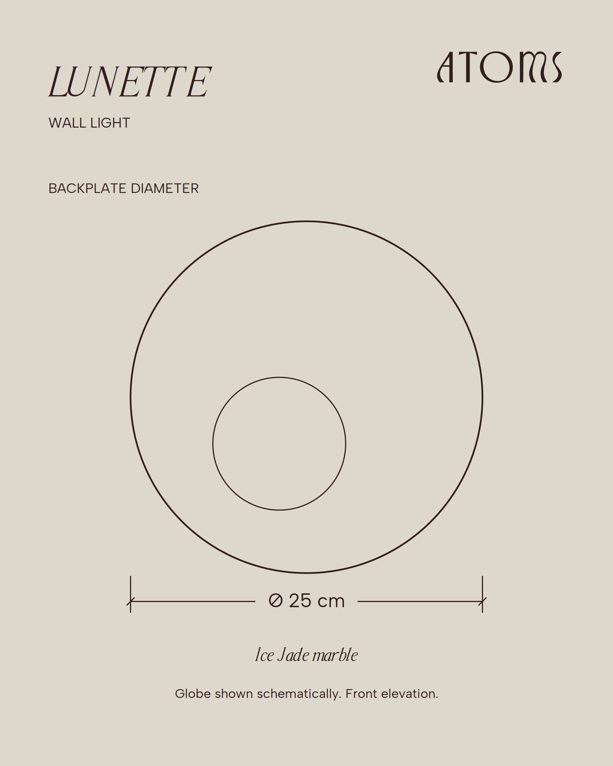 LUNETTE Wall Light outline showing the 25 cm circular backplate diameter; globe shown schematically.