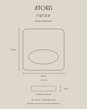 PAD Tray outline dimensions: 15 cm wide, 15 cm deep and 3 cm overall thickness. Recess and rounded corner profiles are schematic.