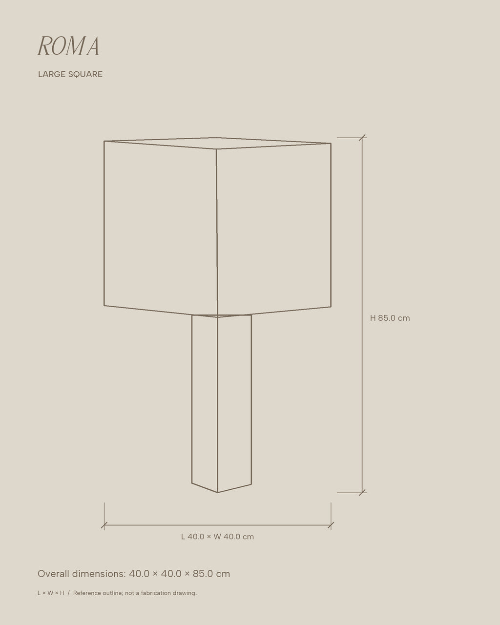 Roma Large Square overall dimension outline in centimetres.