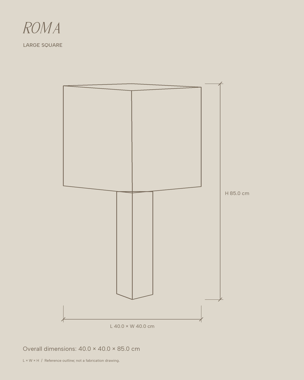 Roma Large Square overall dimension outline in centimetres.