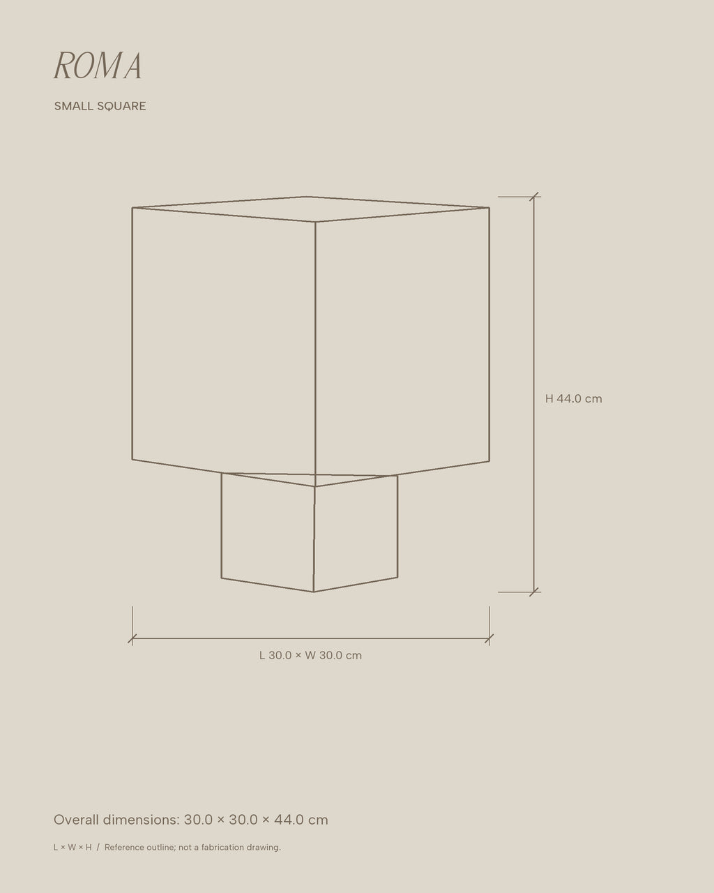 Roma Small Square overall dimension outline in centimetres.