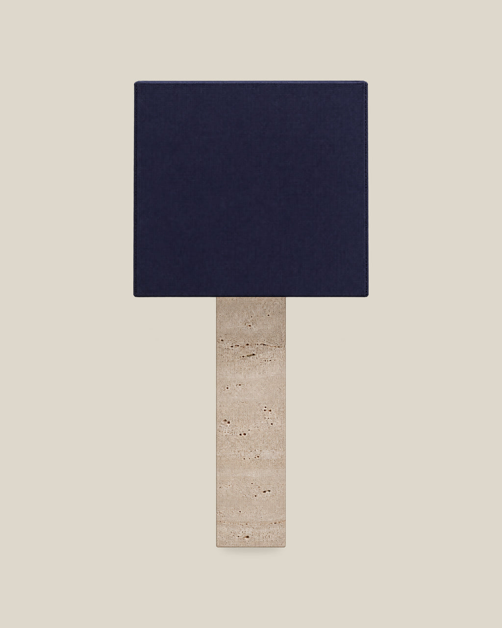 Roma Table Lamp, Large Square, Travertine Beige + Dark Blue, front hero view on bone background.