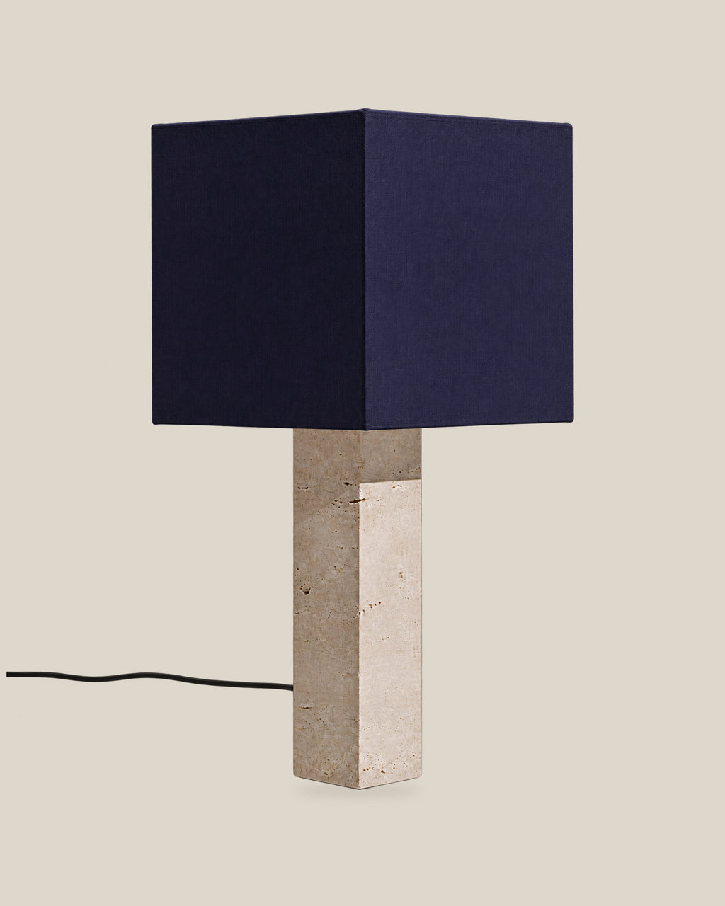 Roma Table Lamp, Large Square, Travertine Beige + Dark Blue, on a bone background.