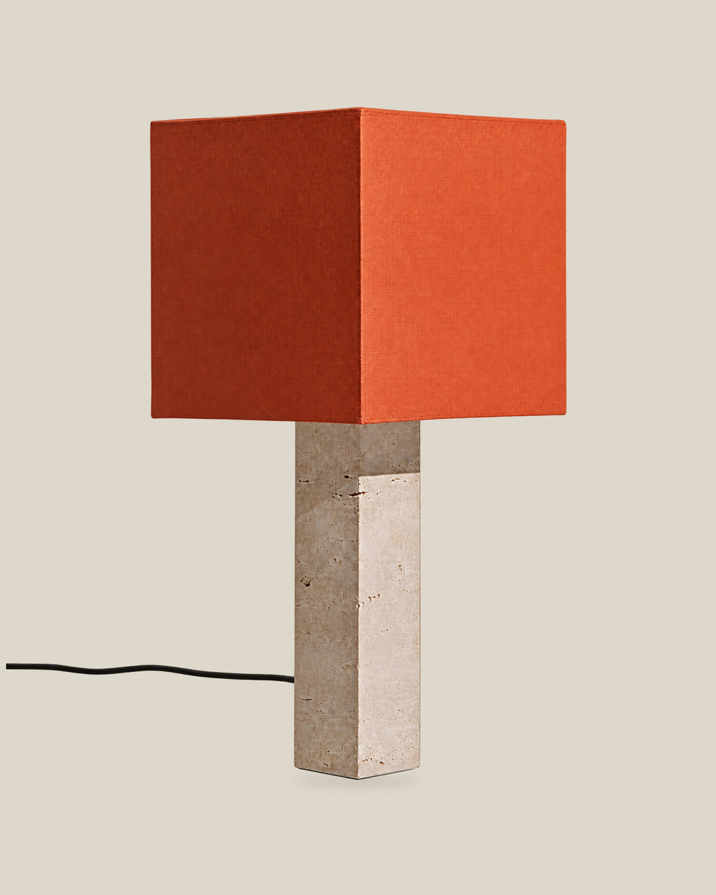 Roma Table Lamp, Large Square, Travertine Beige + Terracotta, on a bone background.