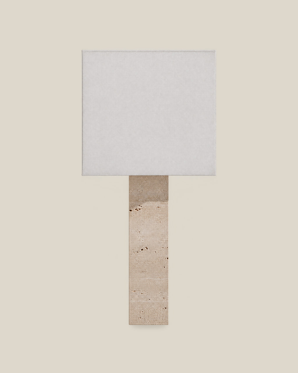 Roma Table Lamp, Large Square, Travertine Beige + White, front hero view on bone background.