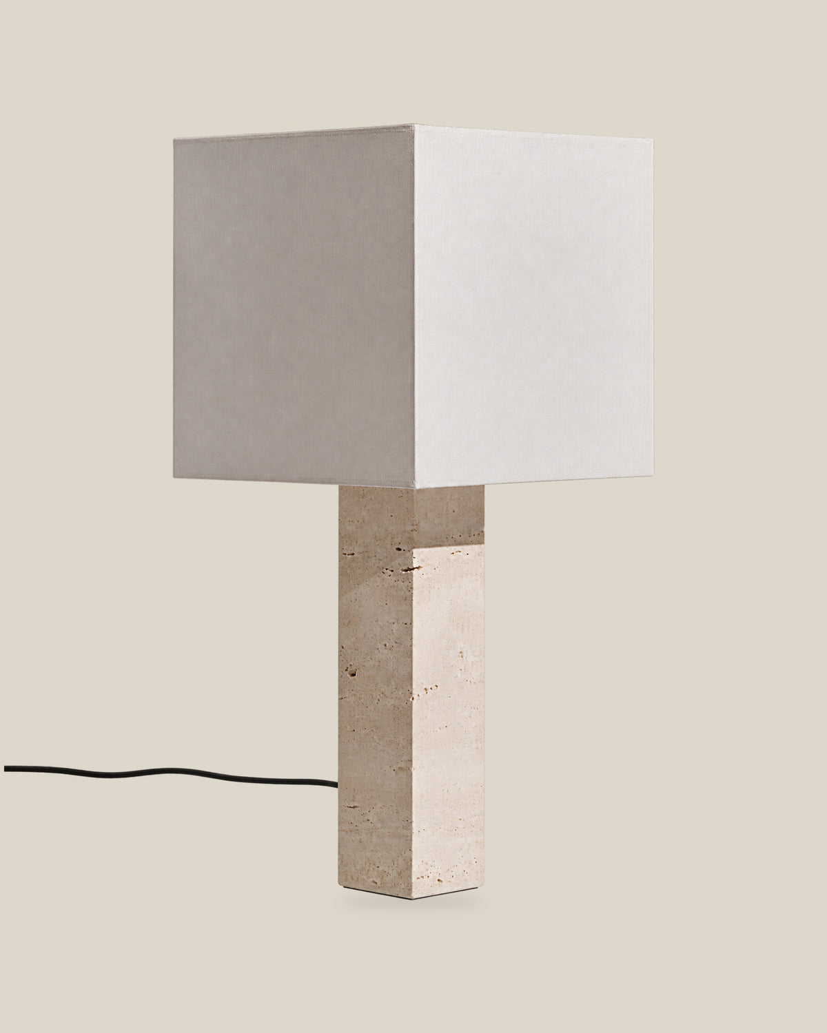 Roma Table Lamp, Large Square, Travertine Beige + White, on a bone background.