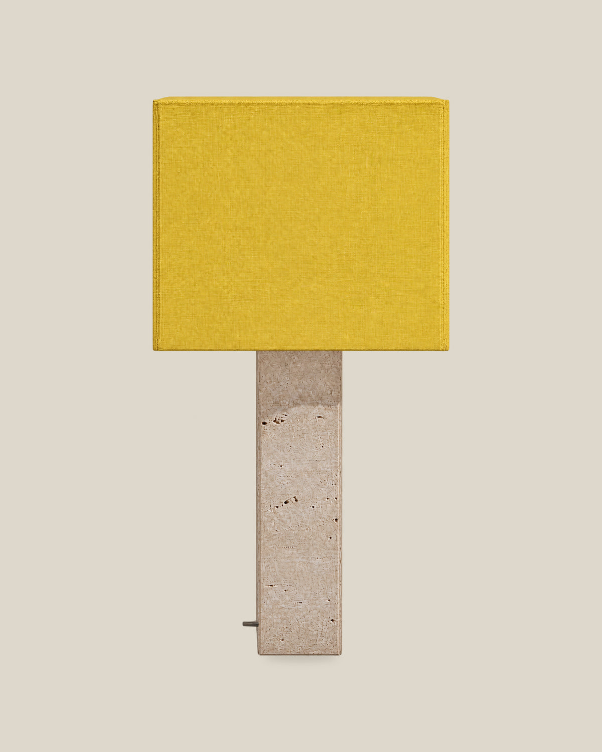 Roma Table Lamp, Large Square, Travertine Beige + Yellow, front hero view on bone background.