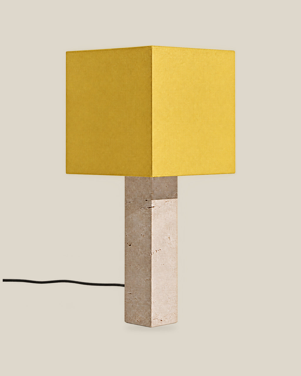 Roma Table Lamp, Large Square, Travertine Beige + Yellow, on a bone background.