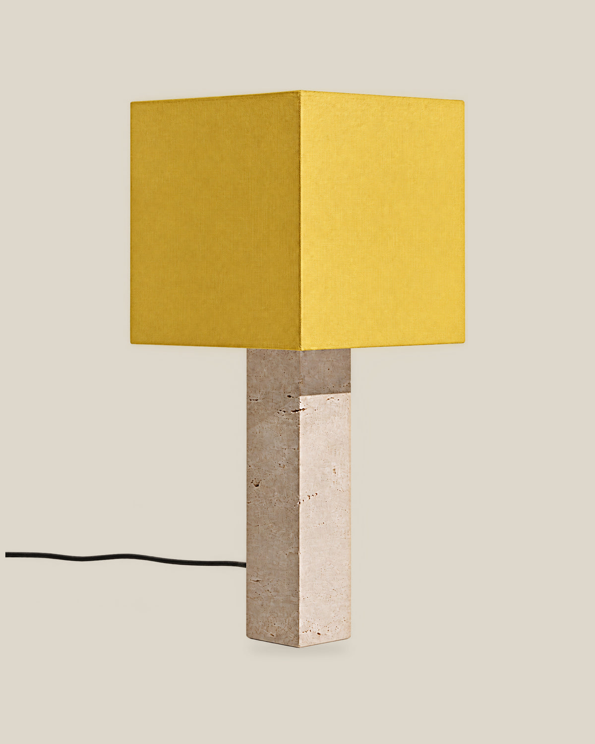 Roma Table Lamp, Large Square, Travertine Beige + Yellow, on a bone background.