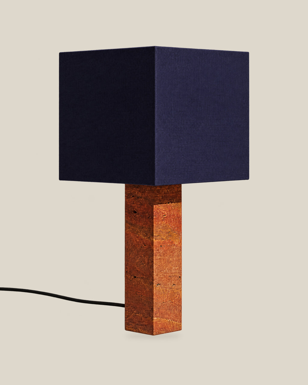 Roma Table Lamp, Large Square, Travertine Red + Dark Blue, on a bone background.