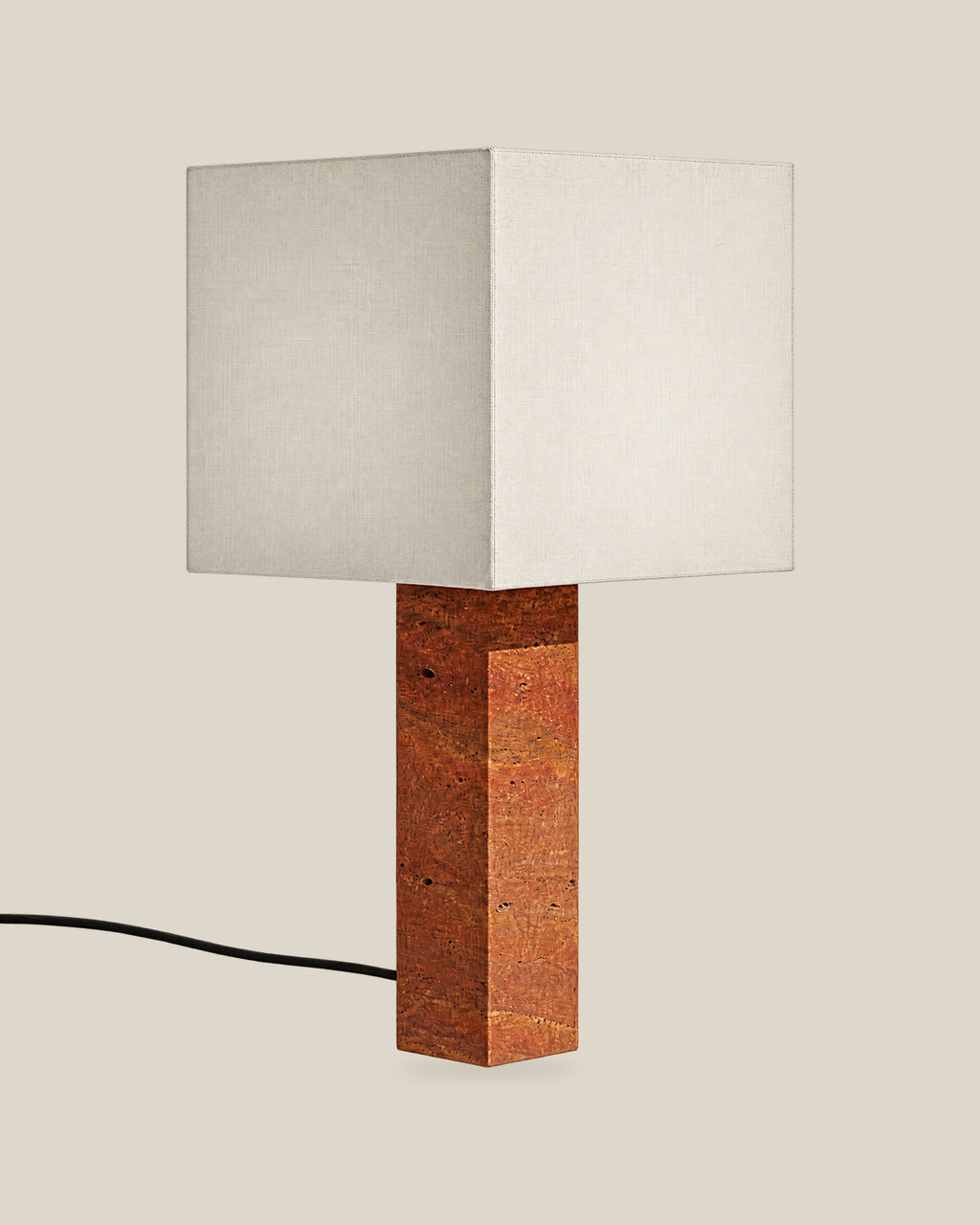 Roma Table Lamp, Large Square, Travertine Red + White, on a bone background.