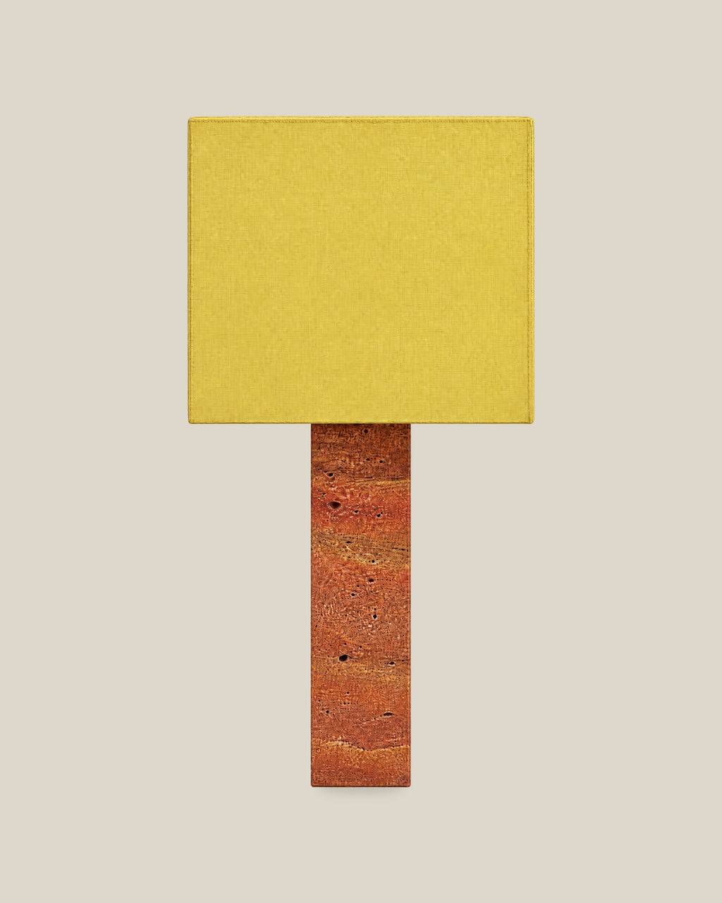 Roma Table Lamp, Large Square, Travertine Red + Yellow, front hero view on bone background.