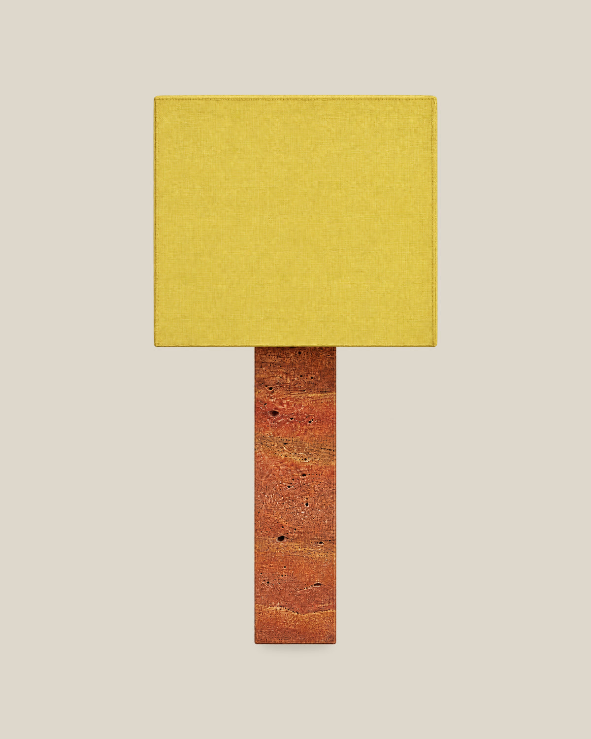 Roma Table Lamp, Large Square, Travertine Red + Yellow, front hero view on bone background.