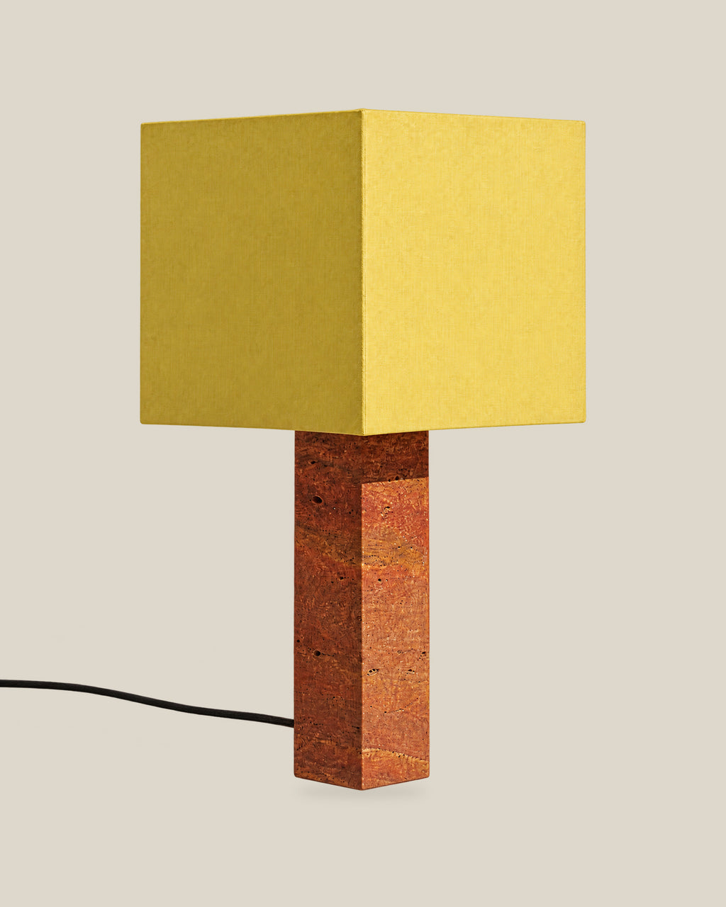 Roma Table Lamp, Large Square, Travertine Red + Yellow, on a bone background.