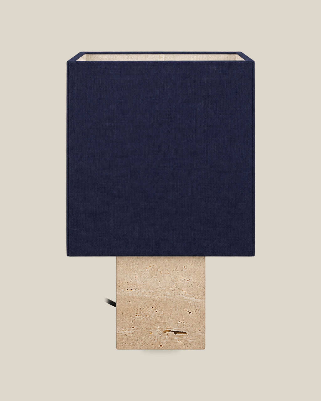 Roma Table Lamp, Small Square, Travertine Beige + Dark Blue, front hero view on bone background.