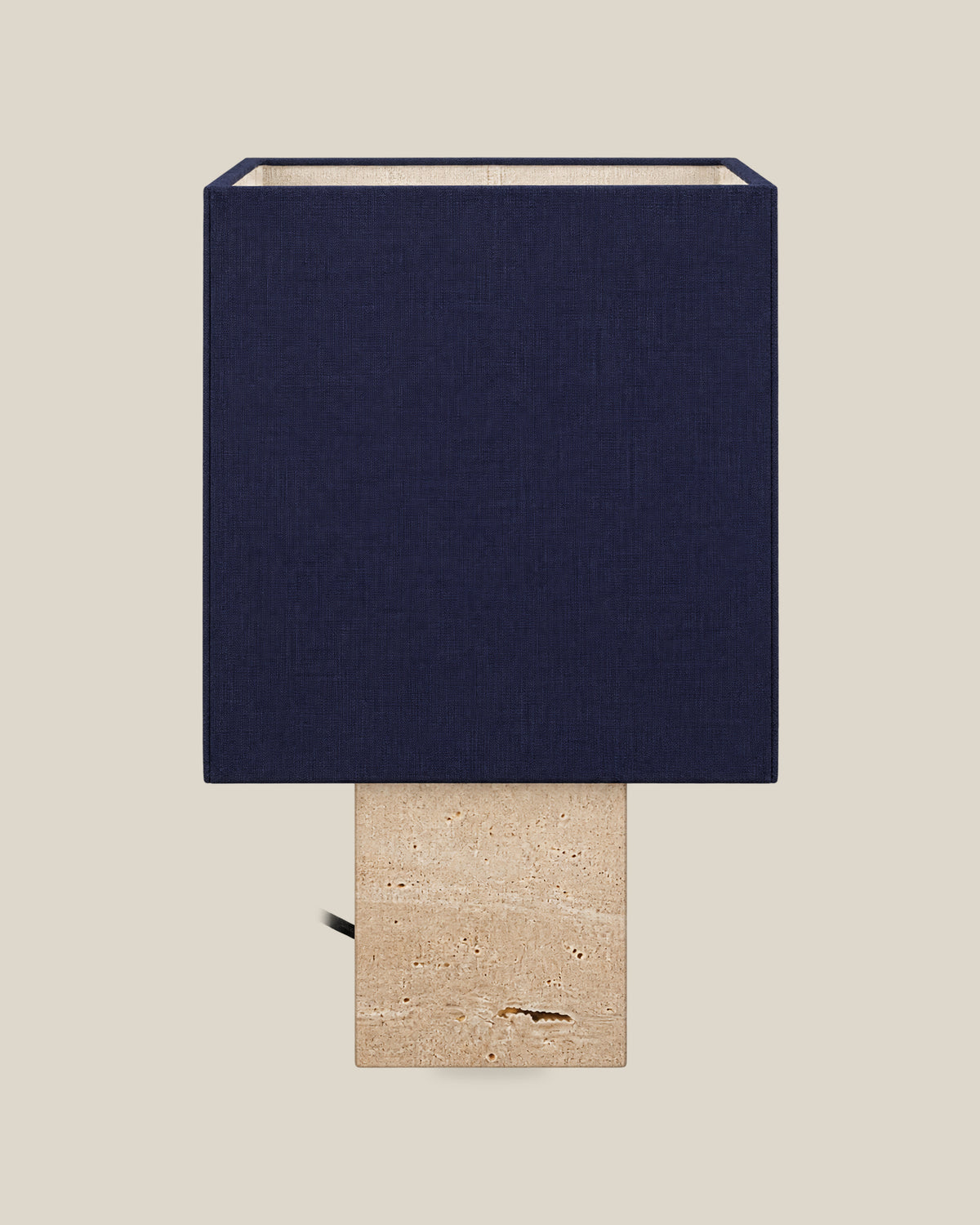 Roma Table Lamp, Small Square, Travertine Beige + Dark Blue, front hero view on bone background.