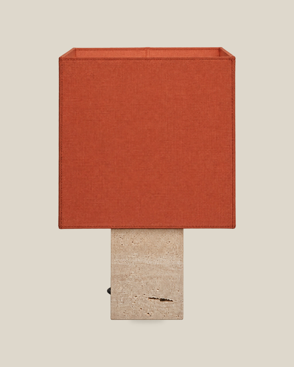 Roma Table Lamp, Small Square, Travertine Beige + Terracotta, front hero view on bone background.