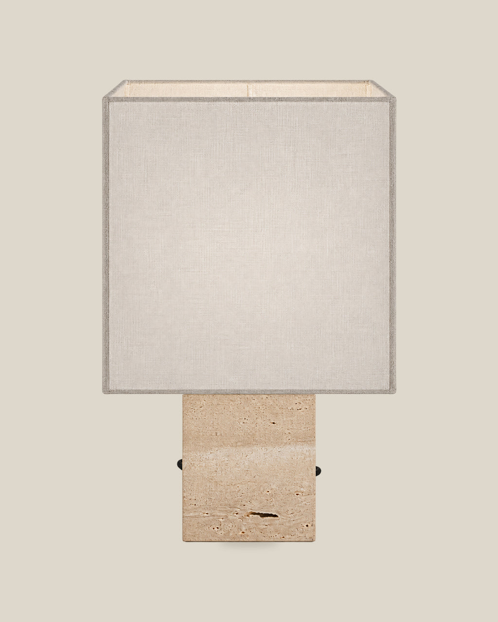 Roma Table Lamp, Small Square, Travertine Beige + White, front hero view on bone background.