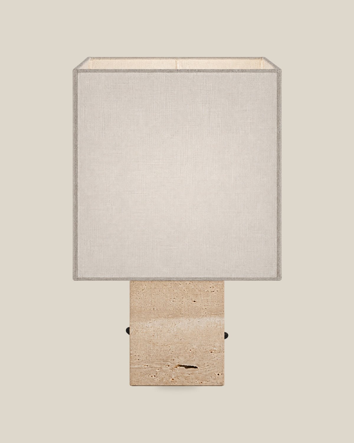 Roma Table Lamp, Small Square, Travertine Beige + White, front hero view on bone background.