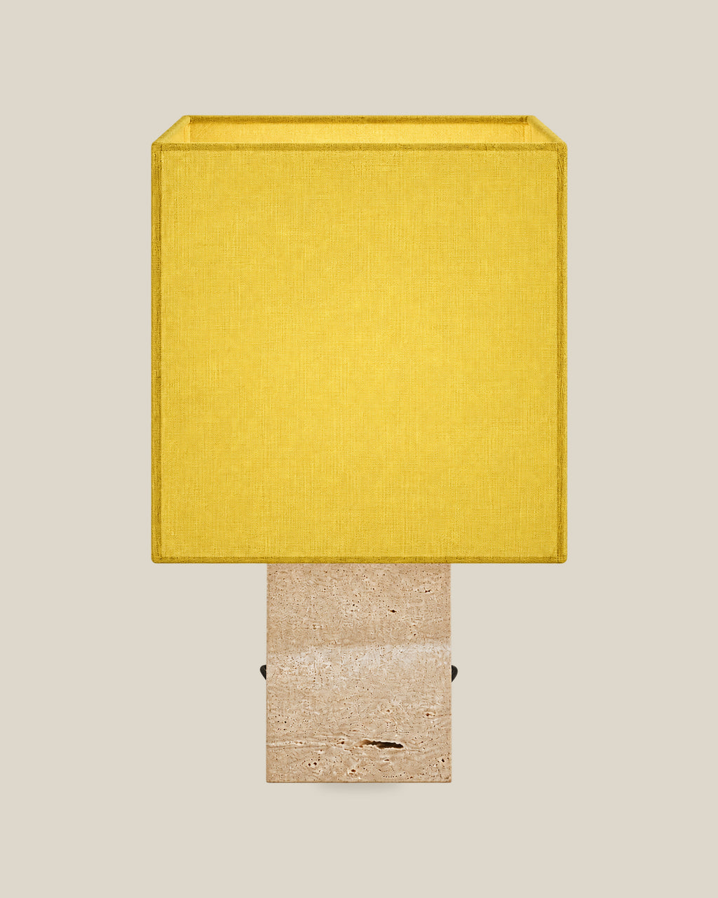 Roma Table Lamp, Small Square, Travertine Beige + Yellow, front hero view on bone background.