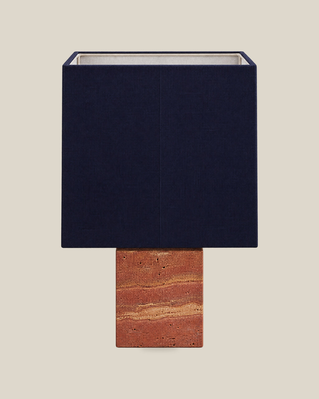 Roma Table Lamp, Small Square, Travertine Red + Dark Blue, front hero view on bone background.