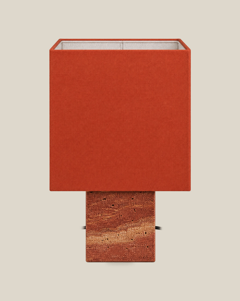 Roma Table Lamp, Small Square, Travertine Red + Terracotta, front hero view on bone background.