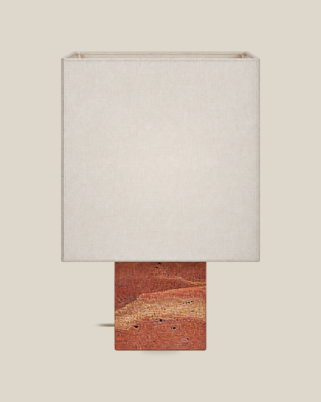 Roma Table Lamp, Small Square, Travertine Red + White, front hero view on bone background.