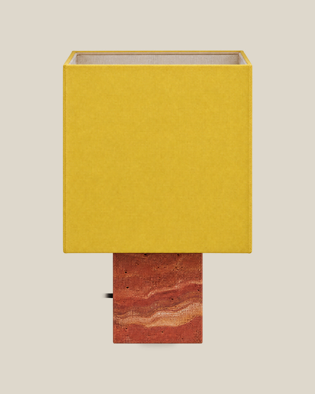 Roma Table Lamp, Small Square, Travertine Red + Yellow, front hero view on bone background.