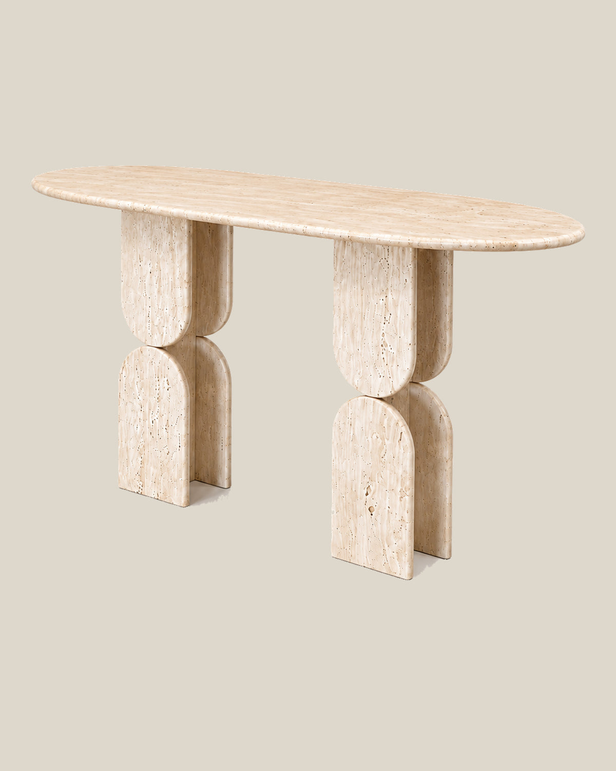Sculptural Travertine Console Table by CARVINGS, right three-quarter view on BONE.
