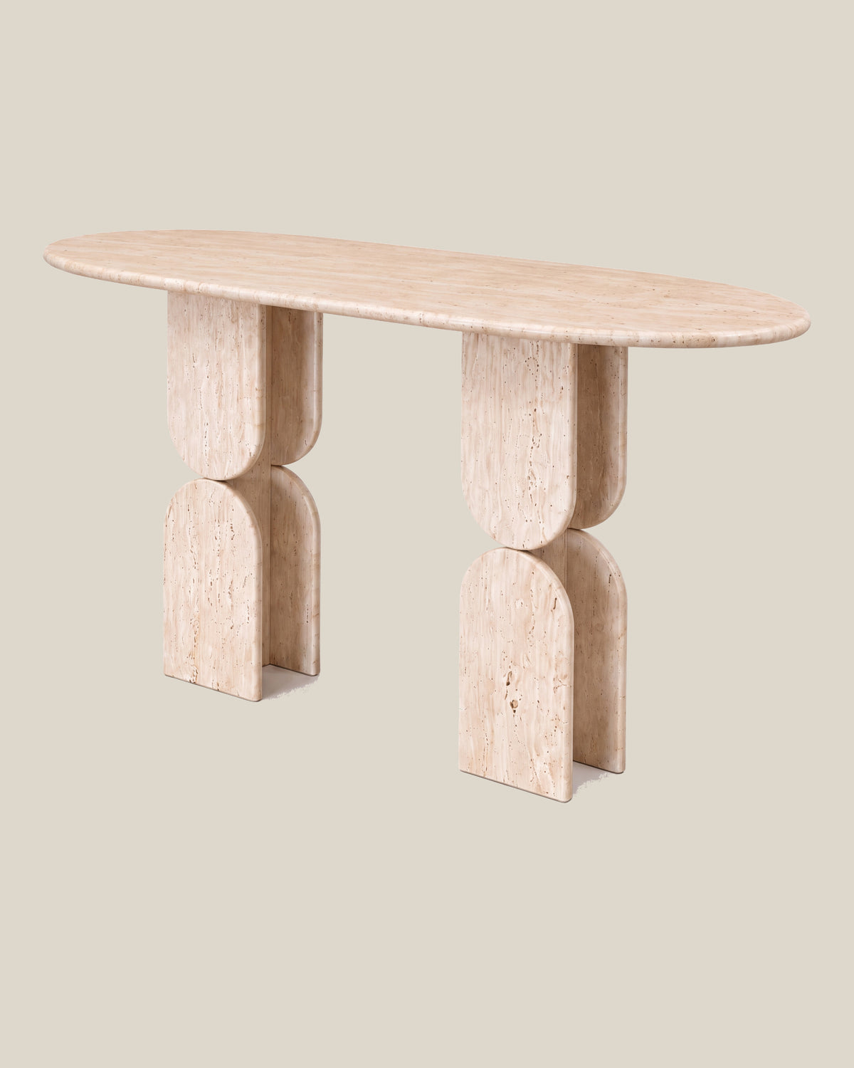Sculptural Travertine Console Table, elevated three-quarter view on BONE.