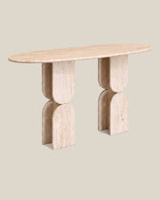 Sculptural Travertine Console Table, rear three-quarter view on BONE.