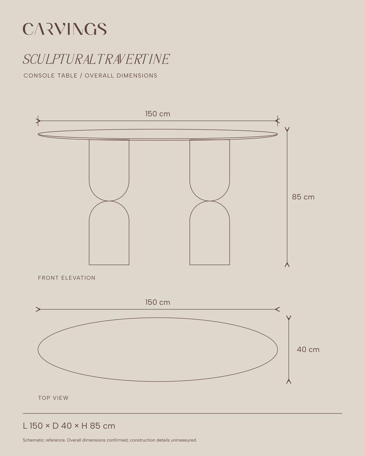 Sculptural Console schematic front and top outlines, length 150 cm, depth 40 cm, height 85 cm.