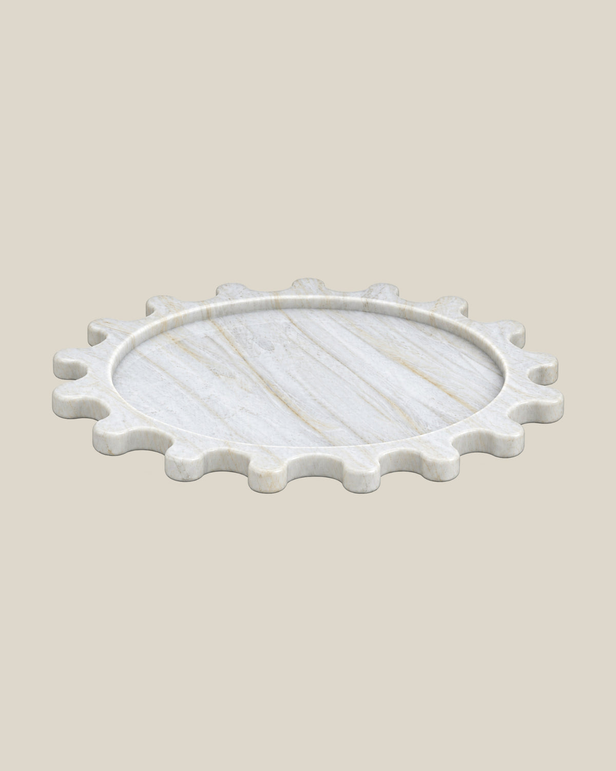 Sun Orbit Tray in Calacatta Gold natural marble, low front view, rounded sun rays and recessed circular centre.