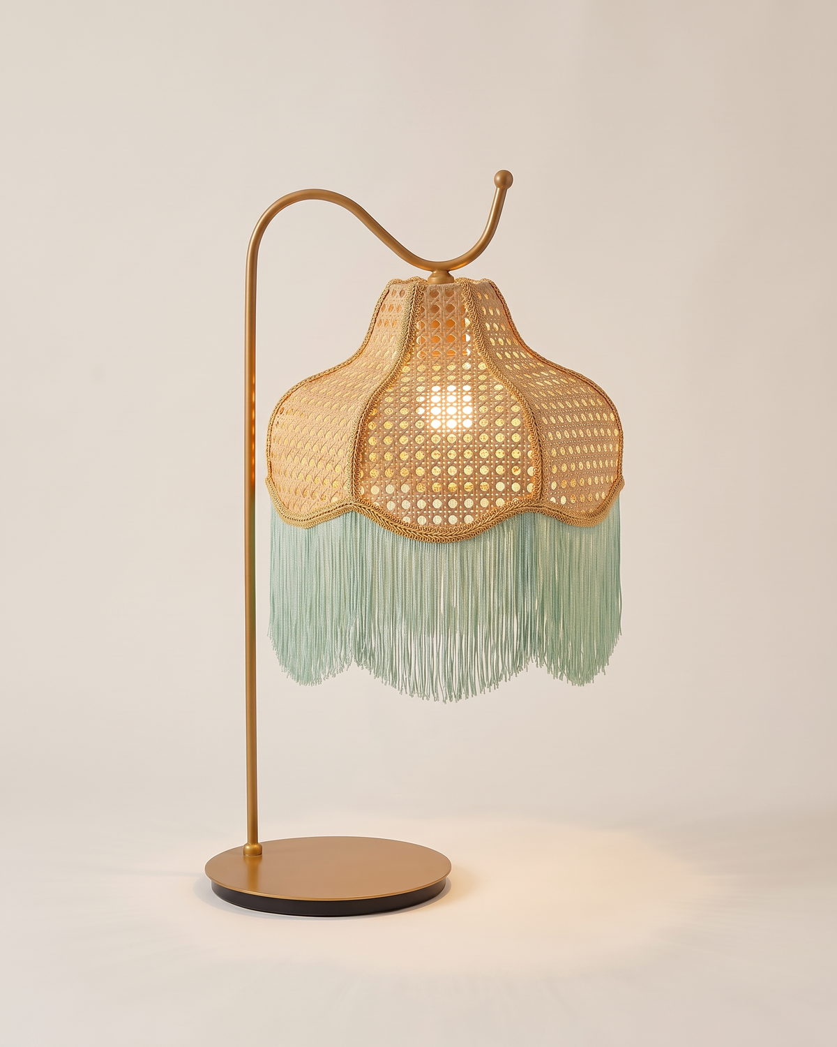 TASSEL Table Lamp - Large, 60 cm high, 30 cm shade diameter - Gold & Mint, on a bone background